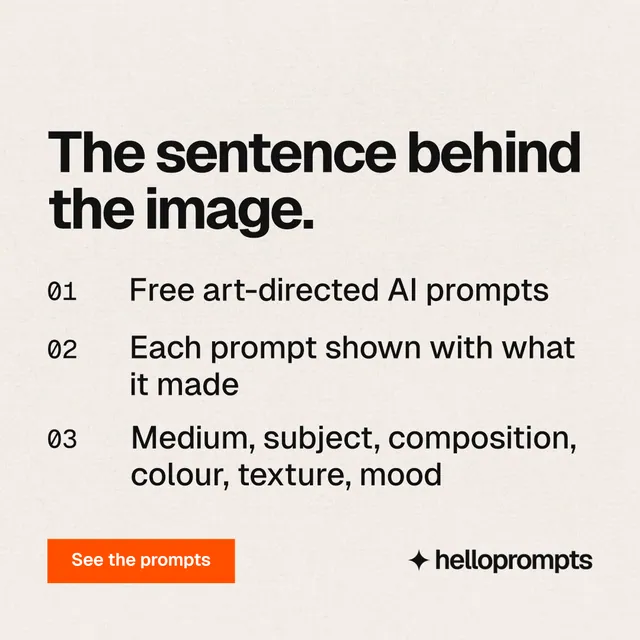 Instagram post for HelloPrompts: "The sentence behind the image." Swiss style, numbered layout, light palette in white, grey, orange.
