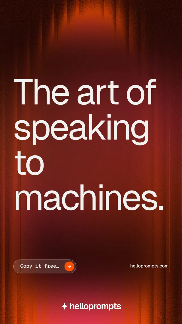 Instagram story for HelloPrompts: "The art of speaking to machines." Agentic glass style, poster layout, dark palette in red.
