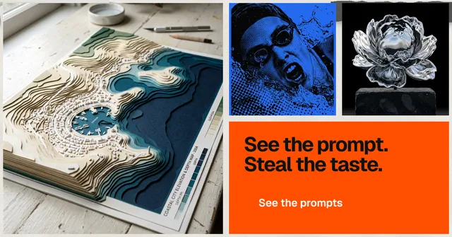Social ad for HelloPrompts: "See the prompt. Steal the taste." Swiss style, collage layout, light palette in blue, orange, grey.