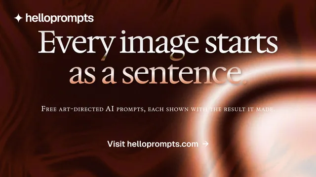 Landscape graphic for HelloPrompts: "Every image starts as a sentence." Y2K style, smallcaps layout, dark palette in black, orange, red.