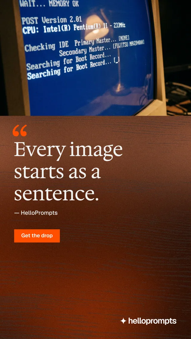Instagram story for HelloPrompts: "Prompts that show their work." Swiss style, quote layout, dark palette in orange, red, black.