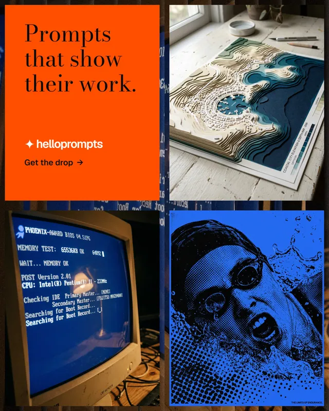 Instagram portrait post for HelloPrompts: "Prompts that show their work." Minimal luxury style, collage layout, dark palette in blue, red, grey.