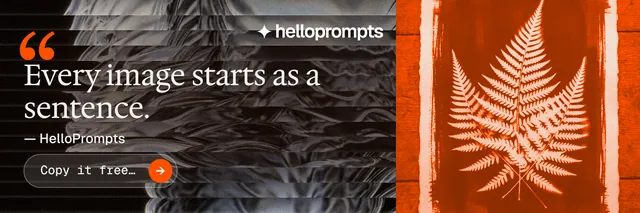 X header for HelloPrompts: "Every image starts as a sentence." Agentic glass style, quote layout, dark palette in black, brown, orange.