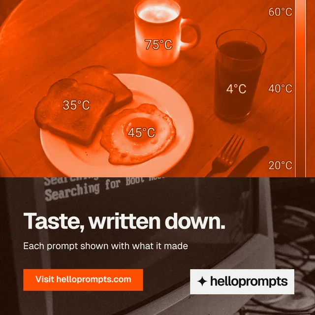 Instagram post for HelloPrompts: "Taste, written down." Swiss style, bottom layout, dark palette in orange, brown.