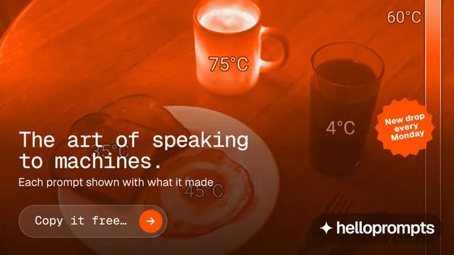 Landscape graphic for HelloPrompts: "The art of speaking to machines." Agentic glass style, sticker layout, dark palette in orange.