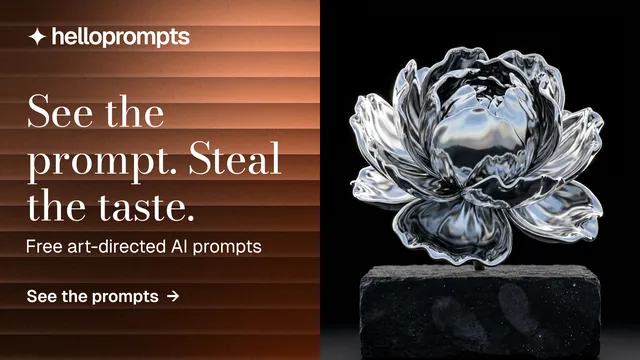 Landscape graphic for HelloPrompts: "See the prompt. Steal the taste." Minimal luxury style, bottom layout, dark palette in black, grey, orange.