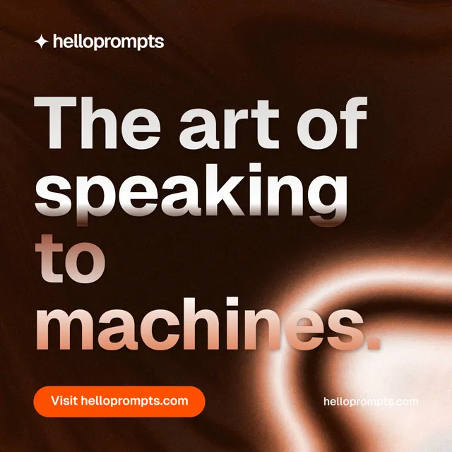 Instagram post for HelloPrompts: "The art of speaking to machines." Y2K style, poster layout, dark palette in orange, black.