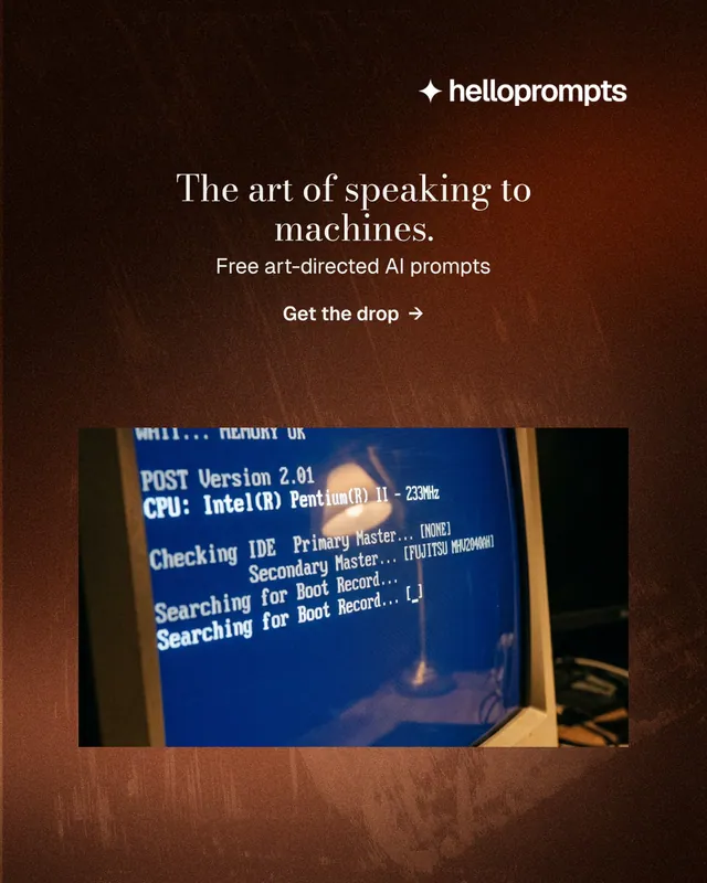 Instagram portrait post for HelloPrompts: "The art of speaking to machines." Minimal luxury style, centred layout, dark palette in orange, black, red.