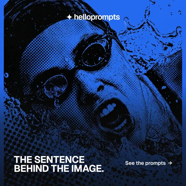 Instagram post for HelloPrompts: "The sentence behind the image." Swiss style, image led layout, dark palette in black, blue.
