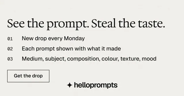 Social ad for HelloPrompts: "See the prompt. Steal the taste." Editorial style, numbered layout, light palette in white.
