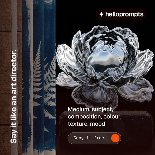Instagram post for HelloPrompts: "Say it like an art director." Agentic glass style, vertical layout, dark palette in black, grey, red.