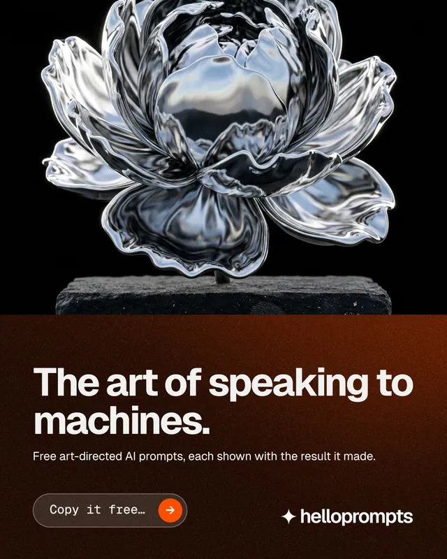 Instagram portrait post for HelloPrompts: "The art of speaking to machines." Agentic glass style, bottom layout, dark palette in black, grey.