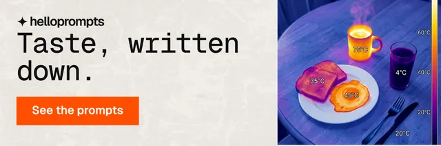 X header for HelloPrompts: "Taste, written down." Swiss style, skeleton layout, light palette in purple, yellow, grey.