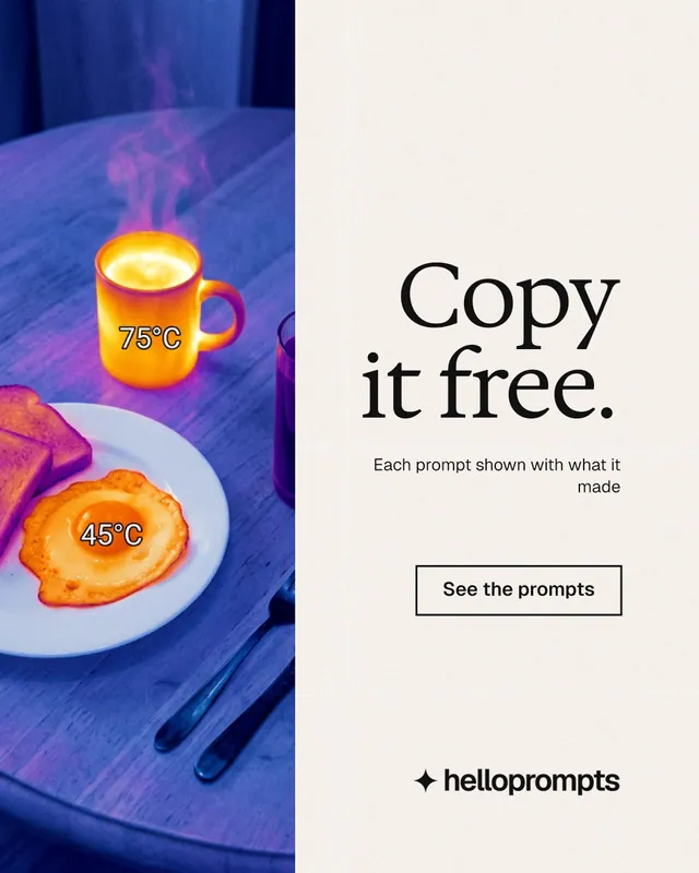 Instagram portrait post for HelloPrompts: "Copy it free." Editorial style, right layout, light palette in white, blue, grey.