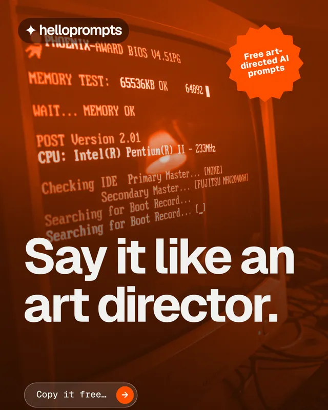 Instagram portrait post for HelloPrompts: "Say it like an art director." Agentic glass style, sticker layout, dark palette in orange.