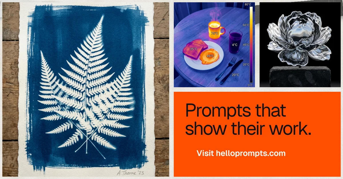 Social ad for HelloPrompts: "Prompts that show their work." Swiss style, collage layout, light palette in blue, grey, orange.