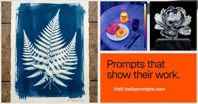 Social ad for HelloPrompts: "Prompts that show their work." Swiss style, collage layout, light palette in blue, grey, orange.