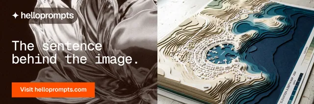 X header for HelloPrompts: "The sentence behind the image." Swiss style, bottom layout, light palette in black, orange, grey.