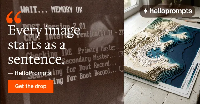 Social ad for HelloPrompts: "See the prompt. Steal the taste." Swiss style, quote layout, dark palette in grey, orange.