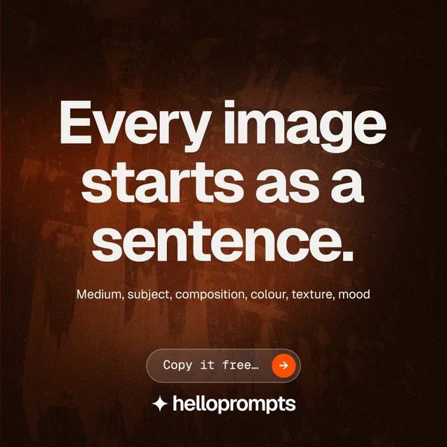 Instagram post for HelloPrompts: "Every image starts as a sentence." Agentic glass style, centred layout, dark palette in orange, black.