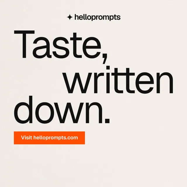 Instagram post for HelloPrompts: "Taste, written down." Swiss style, stacked layout, light palette in white, orange, grey.