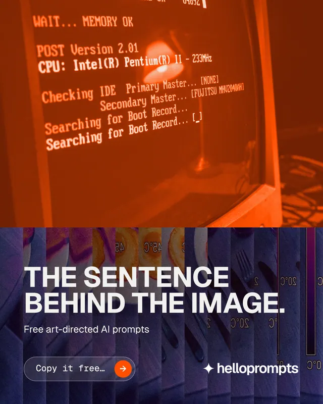 Instagram portrait post for HelloPrompts: "The sentence behind the image." Agentic glass style, bottom layout, dark palette in purple, orange, red.