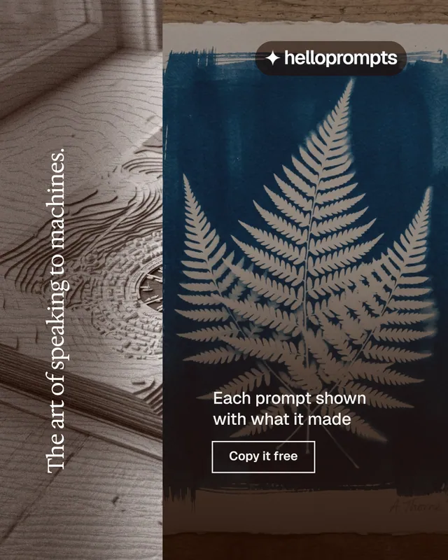 Instagram portrait post for HelloPrompts: "The art of speaking to machines." Editorial style, vertical layout, dark palette in grey, black, blue.