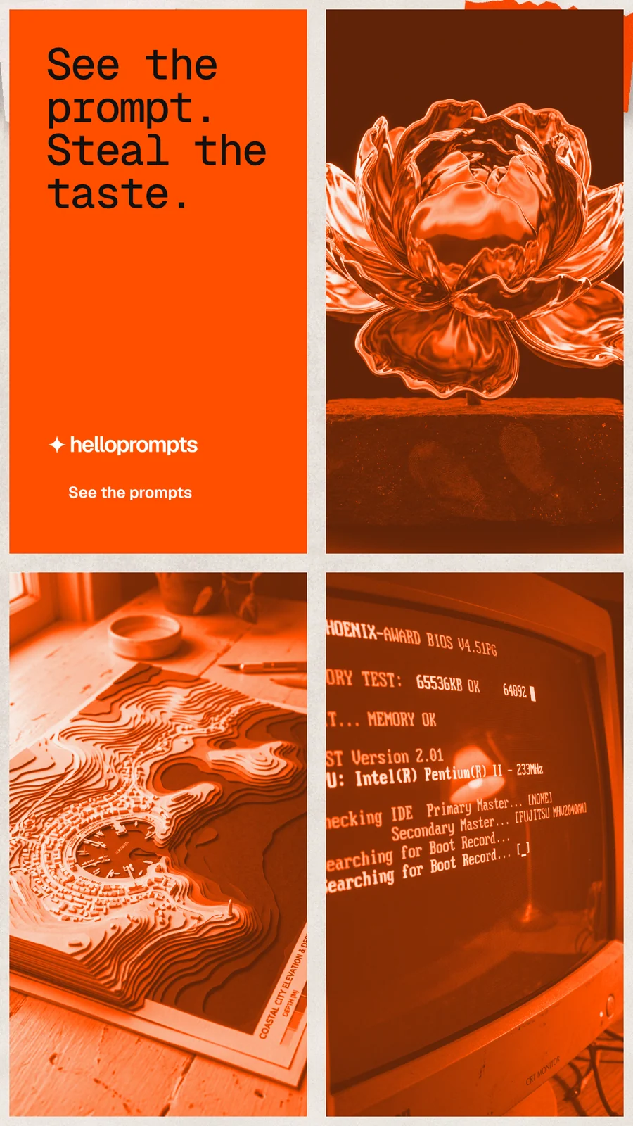 Instagram story for HelloPrompts: "See the prompt. Steal the taste." Swiss style, collage layout, dark palette in orange.