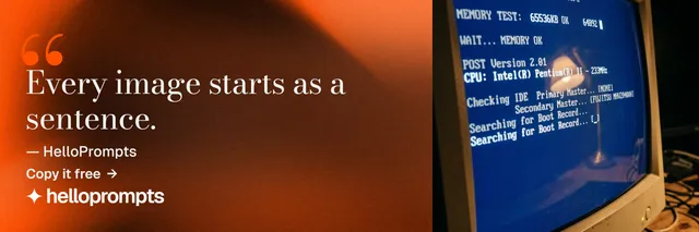 X header for HelloPrompts: "The art of speaking to machines." Minimal luxury style, quote layout, dark palette in orange, purple, red.