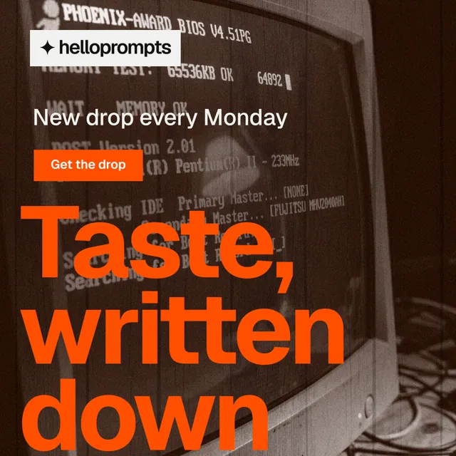 Instagram post for HelloPrompts: "Prompts that show their work." Swiss style, oversized layout, dark palette in orange, black, grey.