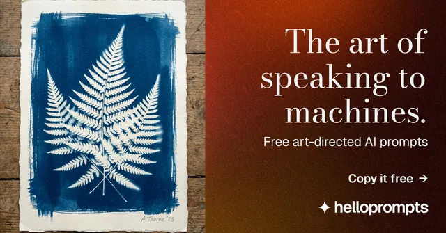 Social ad for HelloPrompts: "The art of speaking to machines." Minimal luxury style, right layout, dark palette in orange, grey, red.