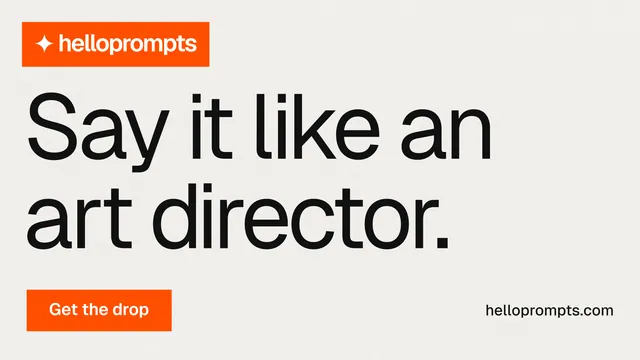 Landscape graphic for HelloPrompts: "Say it like an art director." Swiss style, poster layout, light palette in white, orange.
