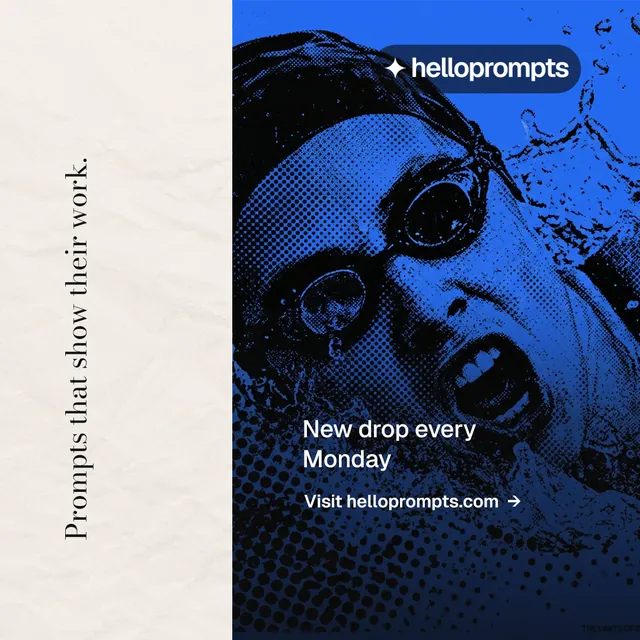 Instagram post for HelloPrompts: "Prompts that show their work." Minimal luxury style, vertical layout, light palette in black, white, blue.