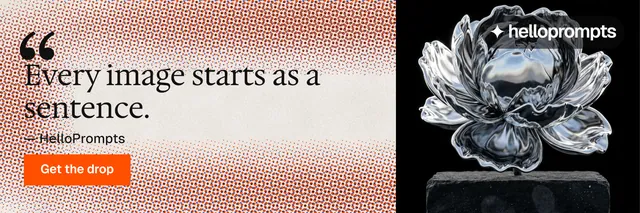 X header for HelloPrompts: "Every image starts as a sentence." Swiss style, quote layout, light palette in red, black, grey.