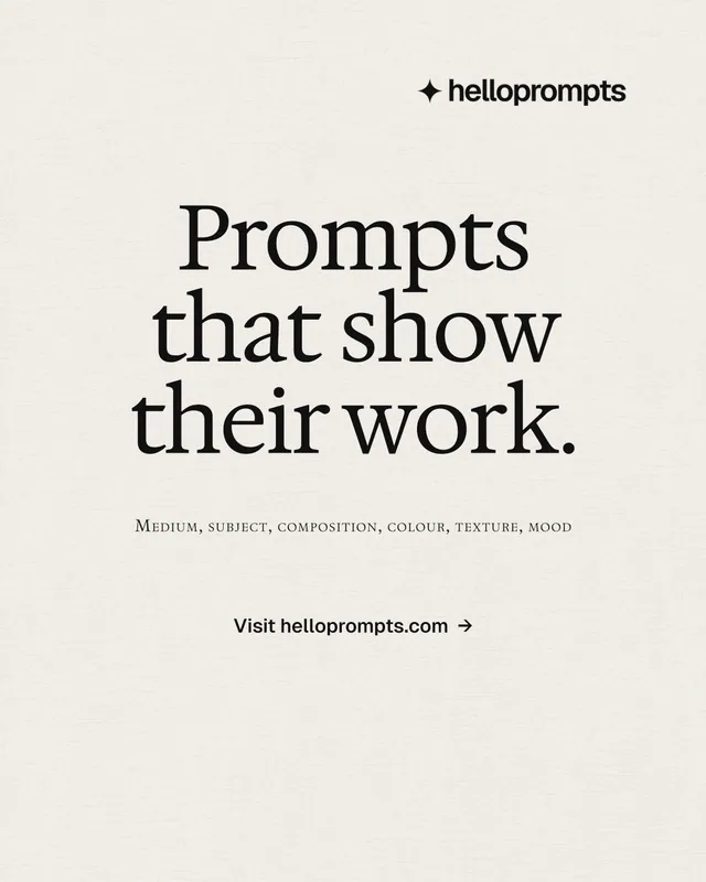 Instagram portrait post for HelloPrompts: "Prompts that show their work." Editorial style, smallcaps layout, light palette in yellow, white, grey.