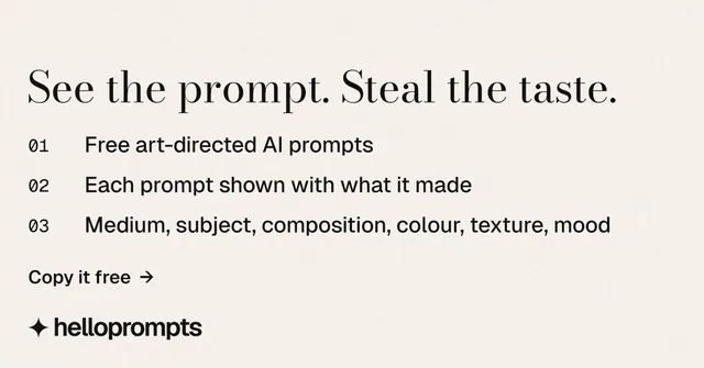 Social ad for HelloPrompts: "See the prompt. Steal the taste." Minimal luxury style, numbered layout, light palette in white.