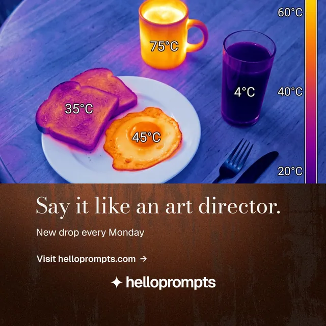 Instagram post for HelloPrompts: "Say it like an art director." Minimal luxury style, bottom layout, dark palette in purple, blue, red.