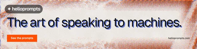 LinkedIn banner for HelloPrompts: "The art of speaking to machines." Retro print style, poster layout, light palette in red, grey, orange.