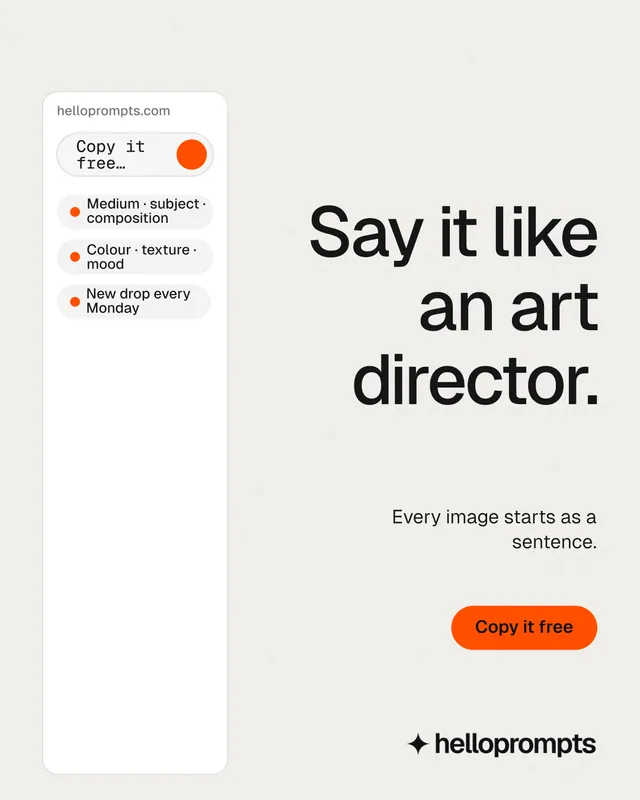 Instagram portrait post for HelloPrompts: "Say it like an art director." Data card style, right layout, light palette in white, grey.