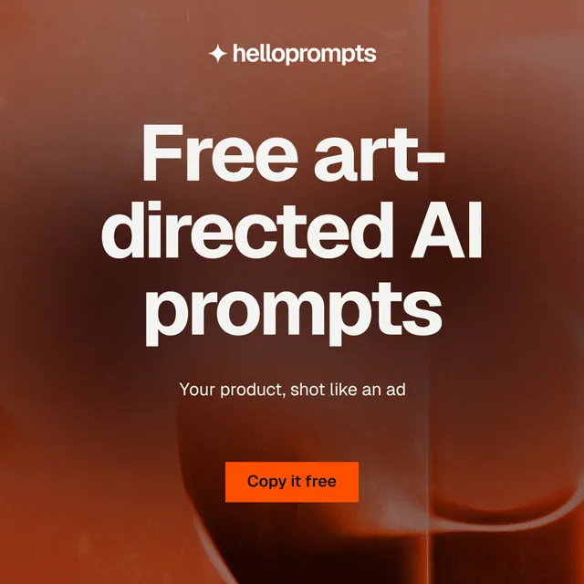 Instagram post for HelloPrompts: "Free art-directed AI prompts". Swiss style, centred layout, dark palette in red, orange, grey.