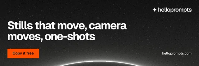 X header for HelloPrompts: "Stills that move, camera moves, one-shots". Swiss style, poster layout, dark palette in black, grey.