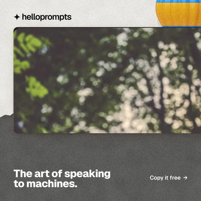 Instagram post for HelloPrompts: "The art of speaking to machines." Paper trio style, image led layout, light palette in grey, white, yellow.