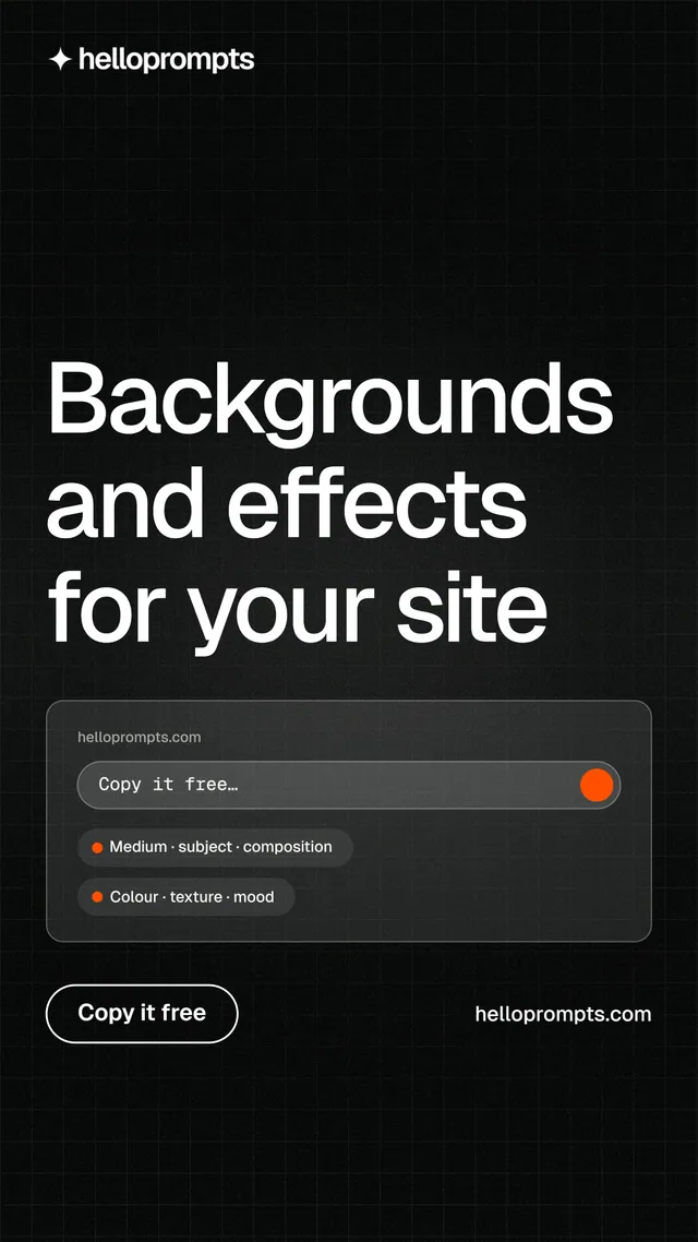 Instagram story for HelloPrompts: "Backgrounds and effects for your site". Phosphor atlas style, poster layout, dark palette in black, grey.