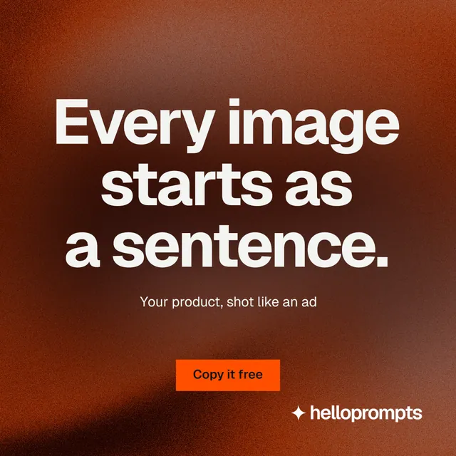 Instagram post for HelloPrompts: "Every image starts as a sentence." Swiss style, centred layout, dark palette in orange, red, grey.