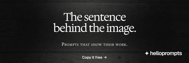 X header for HelloPrompts: "The sentence behind the image." Dark deco style, smallcaps layout, dark palette in black, grey.