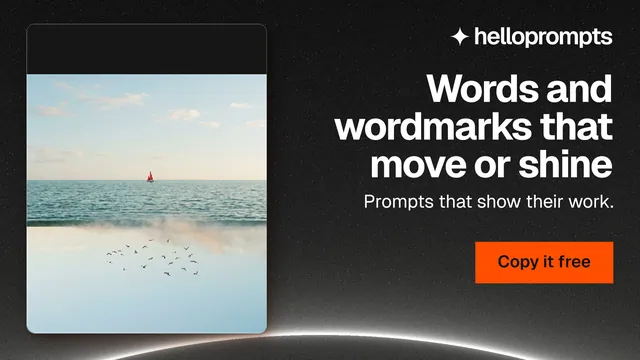 Landscape graphic for HelloPrompts: "Words and wordmarks that move or shine". Swiss style, right layout, dark palette in black, grey, white.