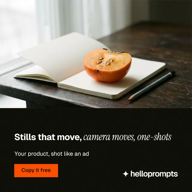 Instagram post for HelloPrompts: "Stills that move, camera moves, one-shots". Swiss style, bottom layout, dark palette in black, white, orange.