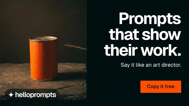 Landscape graphic for HelloPrompts: "Prompts that show their work." Swiss style, right layout, dark palette in black, orange.