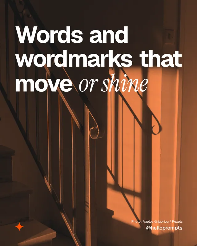 Instagram portrait post for HelloPrompts: "Words and wordmarks that move or shine". Duotone style, technique:pexels ingredient layout, dark palette in orange.