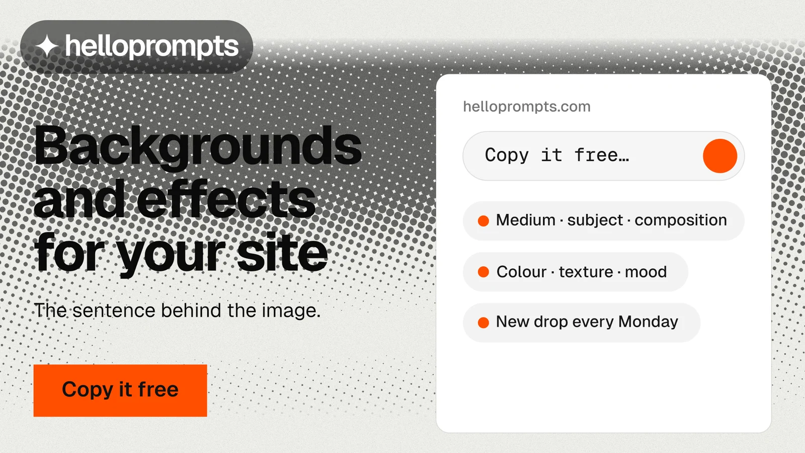 Landscape graphic for HelloPrompts: "Backgrounds and effects for your site". Swiss style, bottom layout, light palette in white, grey.